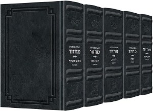 Picture of Artscroll Interlinear Machzorim Schottenstein Edition 5 Volume Set Signature Leather Collection Full Size Midnight Blue Leather Ashkenaz